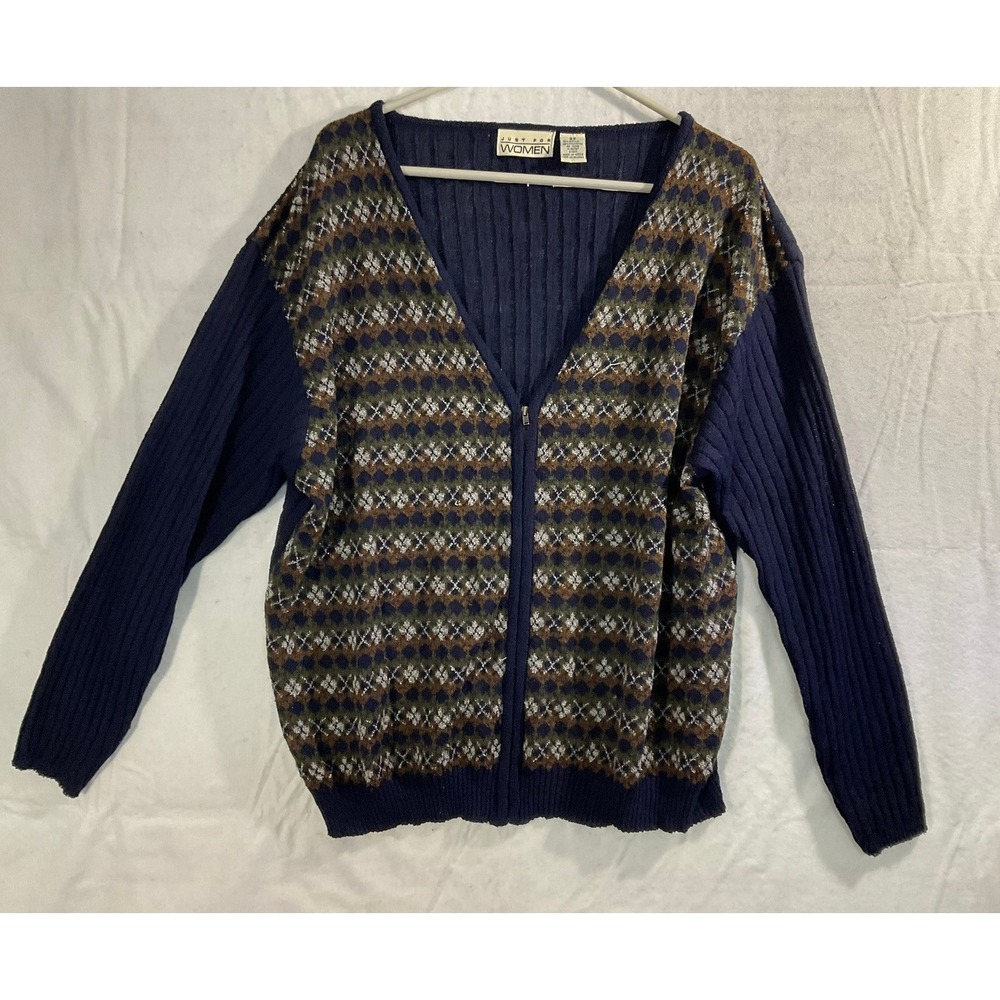 Just For Women Cardigan Sweater Women 3X Navy Blue Argyle Zip Up Ribbed Knit